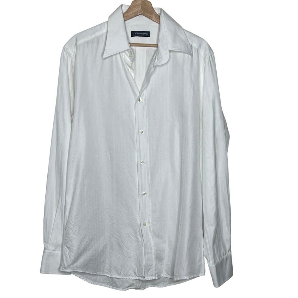 Dolce & Gabbana White Herringbone Cotton Button Down Shirt Mens 17/43 Italy